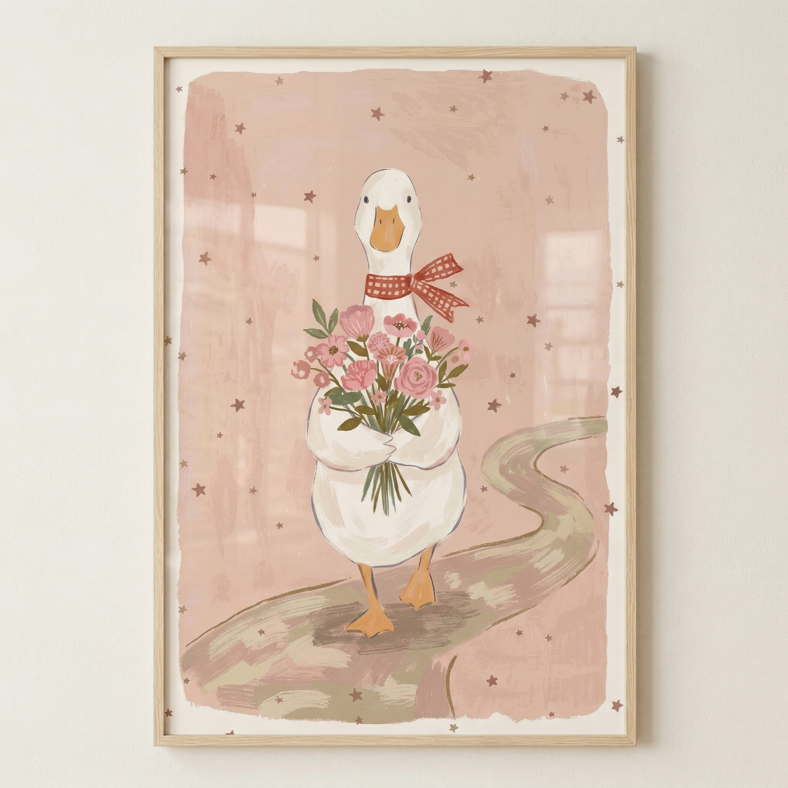 A vertical illustration features a charming white goose as the central subject. The goose is depicted walking forward along a winding, light brown path. Around its neck, the goose wears a red and white checkered bow. It holds a large bouquet of various pink flowers with green leaves and stems tucked against its chest. The background consists of a soft, muted pink color with small, scattered brown star motifs. 