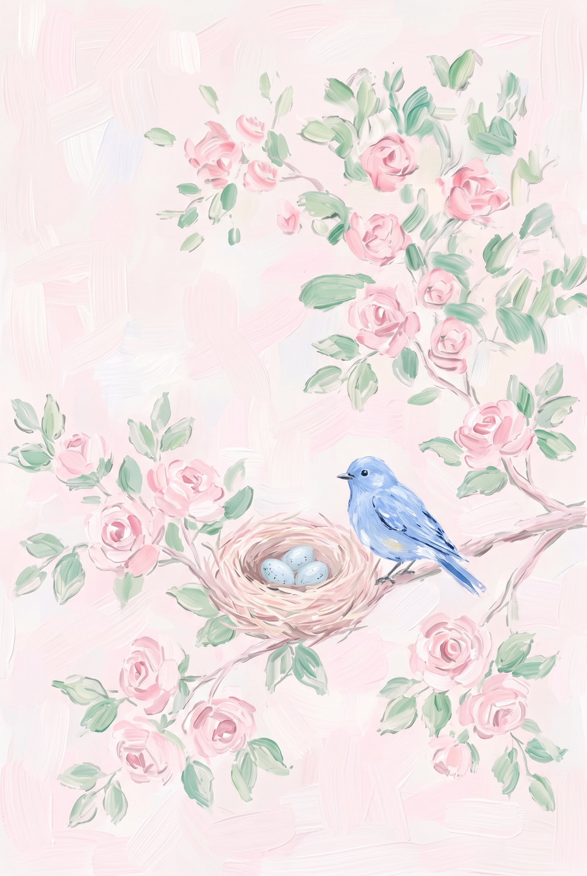 Pink Floral Blue Bird Wall Art - Spring Blossom Nest