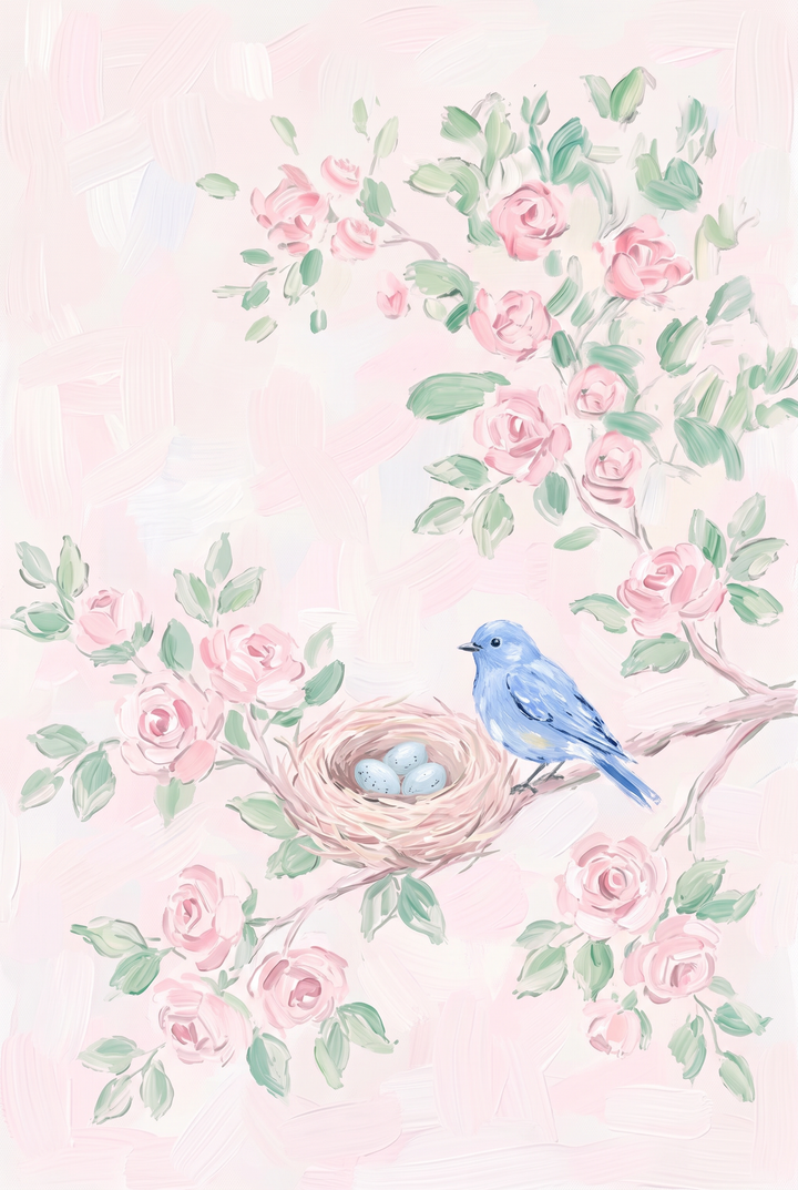 Pink floral blue bird wall art features a blue bird perched beside a nest with eggs on a branch of blooming roses.