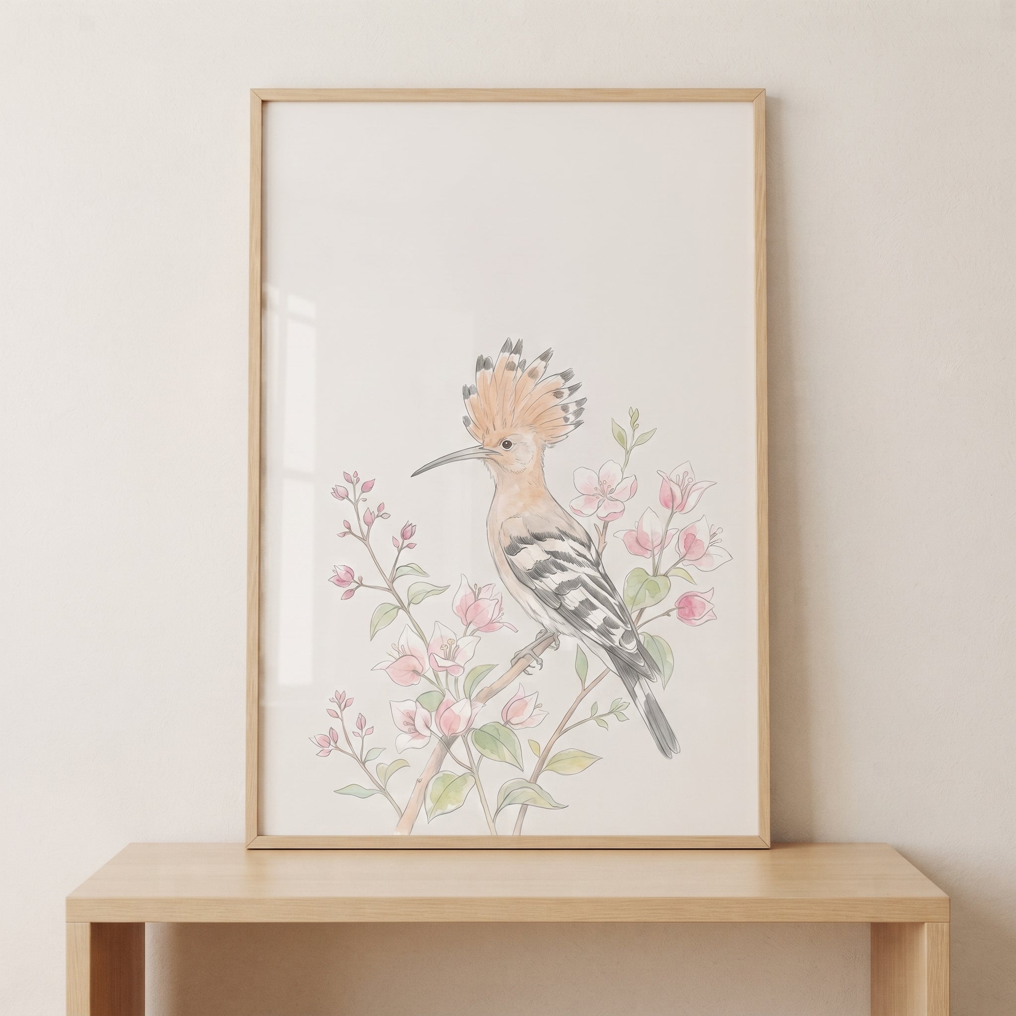 Pink Floral Crested Hoopoe Wall Art - Hoopoe Among Blossoms