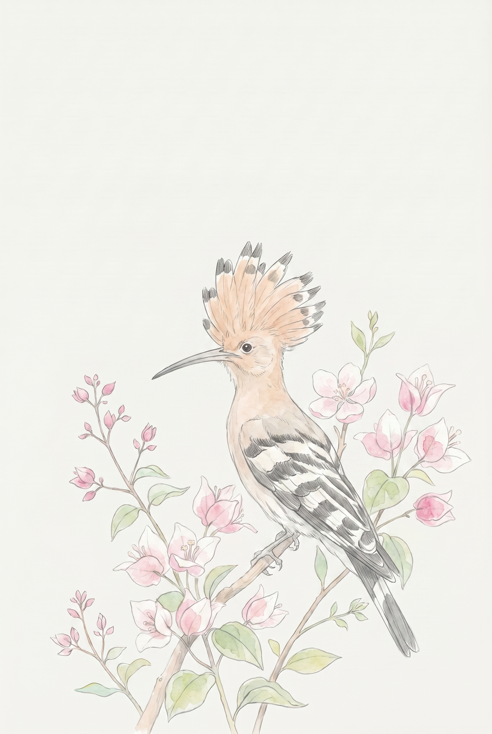 Pink Floral Crested Hoopoe Wall Art - Hoopoe Among Blossoms