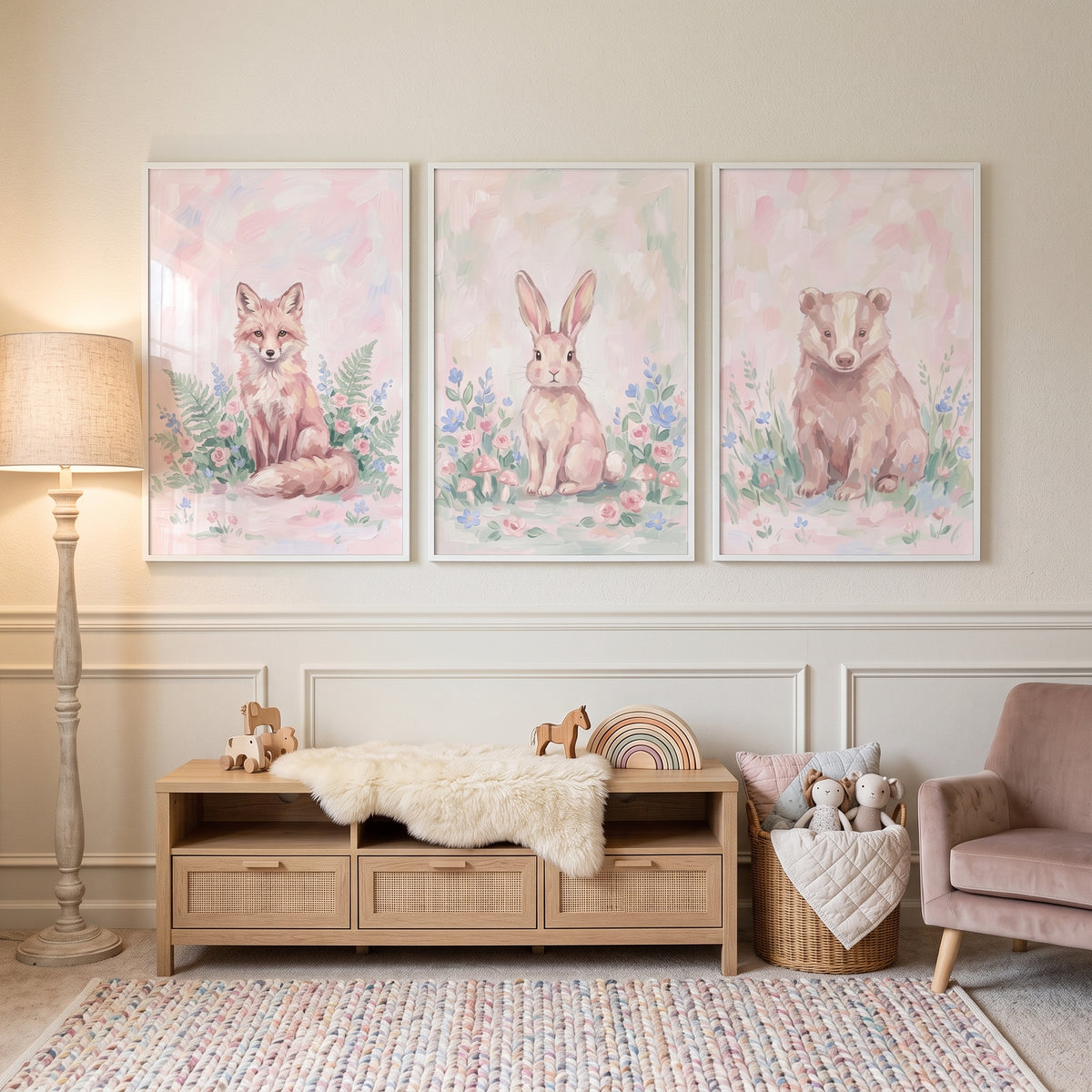 Pink Floral Forest Animals Wall Art Set of 3 - Whimsical Meadow Trio