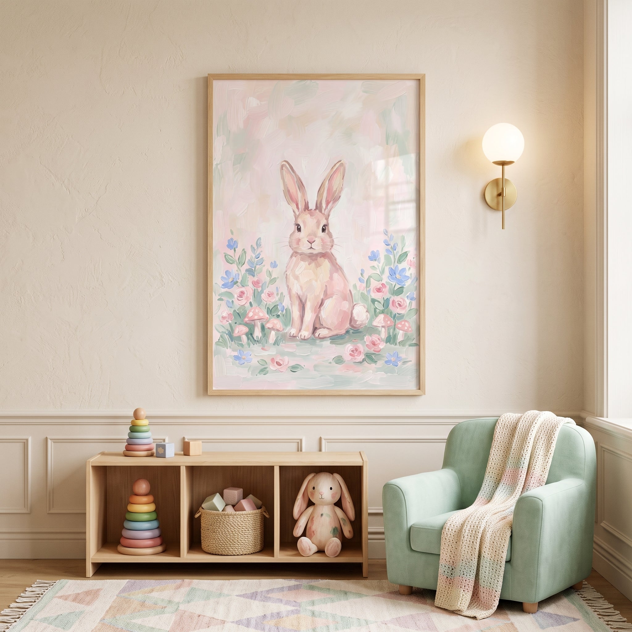 Pink Floral Garden Bunny Wall Art - Soft Meadow Bunny