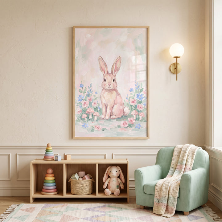 Pink floral garden bunny wall art hangs in a nursery above a wooden shelf and a soft green armchair with a knit blanket.