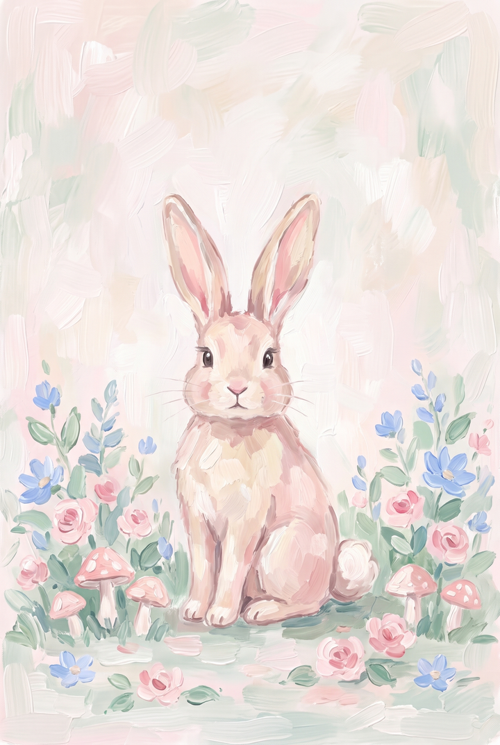 Pink floral garden bunny wall art featuring a rabbit sitting among blue flowers and mushrooms in a pastel meadow.
