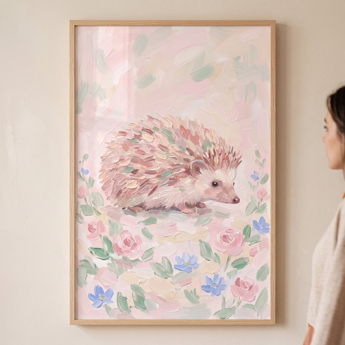 Pink Floral Garden Hedgehog Wall Art - Pastel Garden Hedgehog