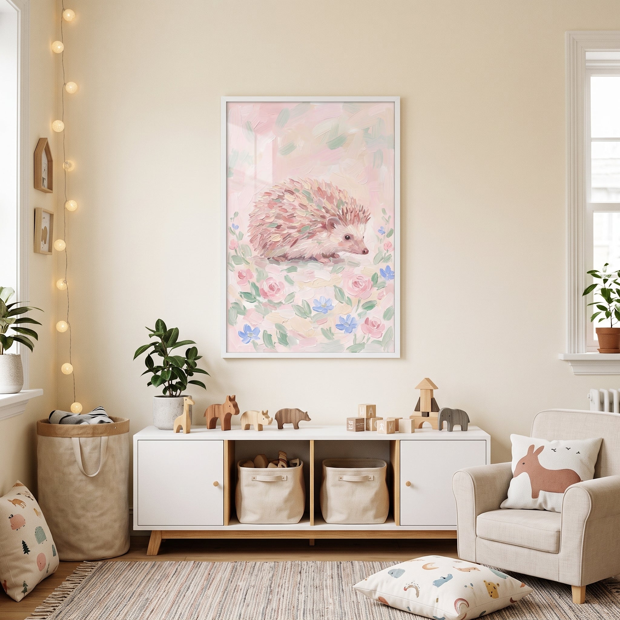 Pink Floral Garden Hedgehog Wall Art - Pastel Garden Hedgehog
