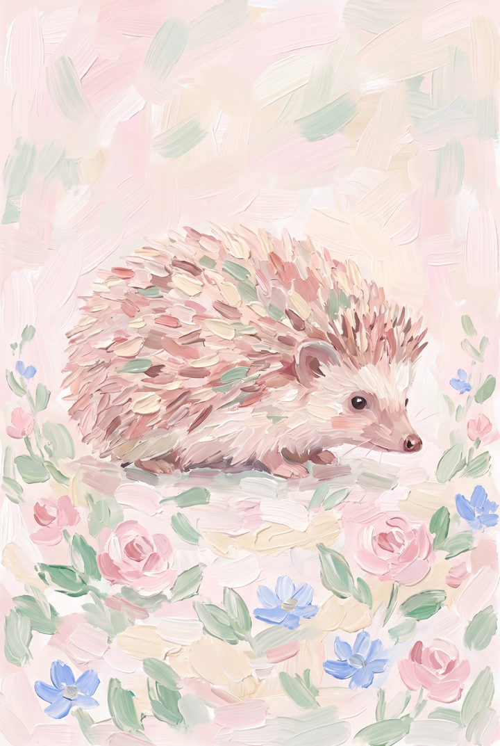 Textured pink floral garden hedgehog wall art with thick brushstrokes of a cute animal among roses and blue blossoms.