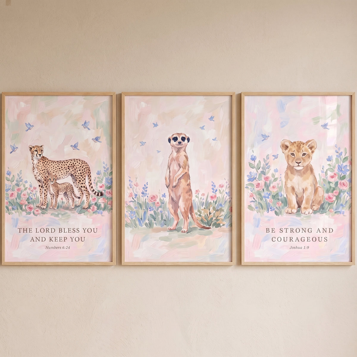 Pink Floral Safari Animals Wall Art Set Of 3 - Nursery Blessing Art