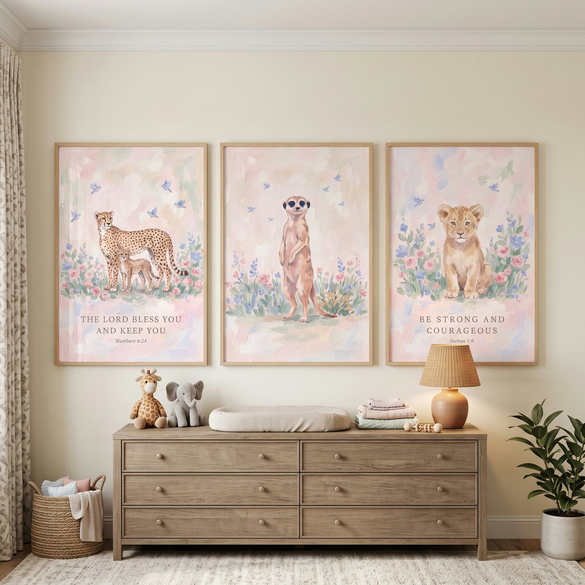 Pink Floral Safari Animals Wall Art Set Of 3 - Nursery Blessing Art