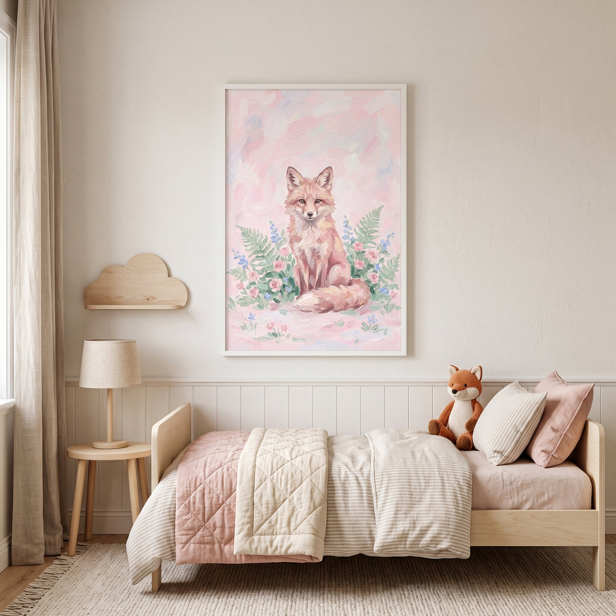 Pink Floral Sitting Fox Animal Wall Art - Pastel Fox Meadow