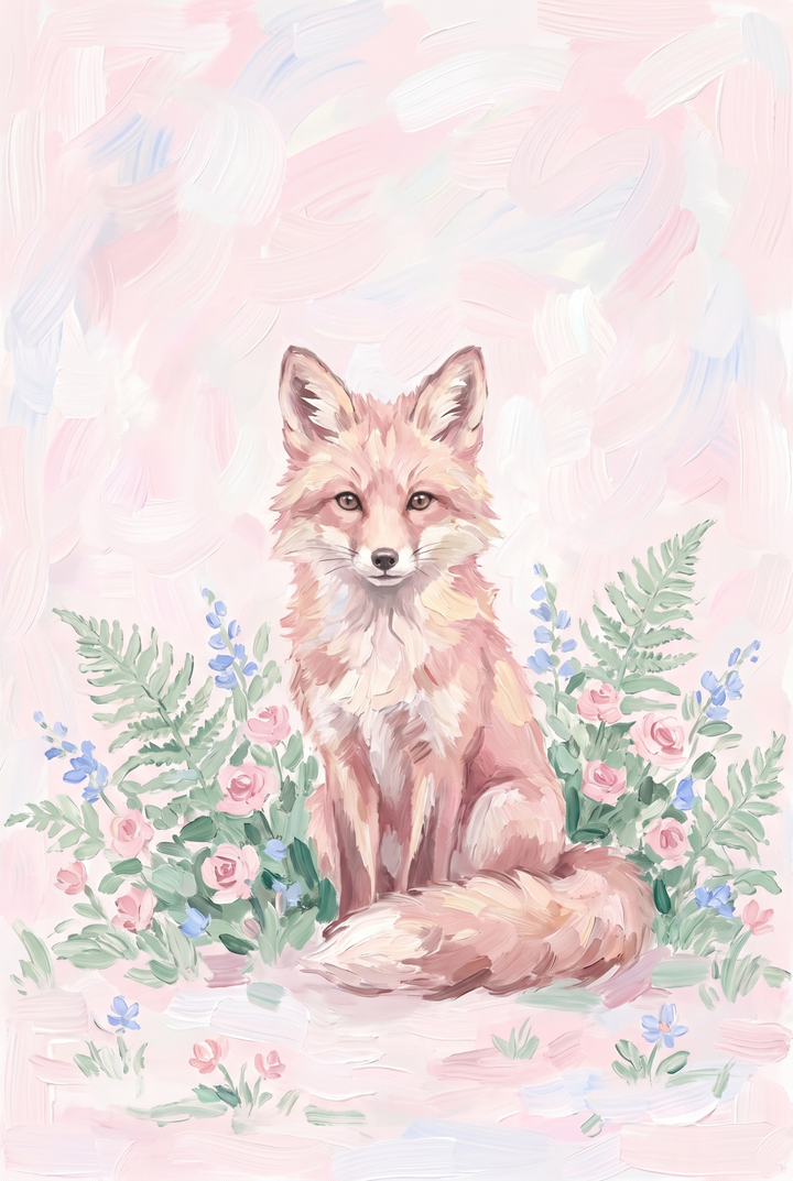 Pink floral sitting fox animal wall art with roses and ferns in a soft pastel style with textured brushwork.