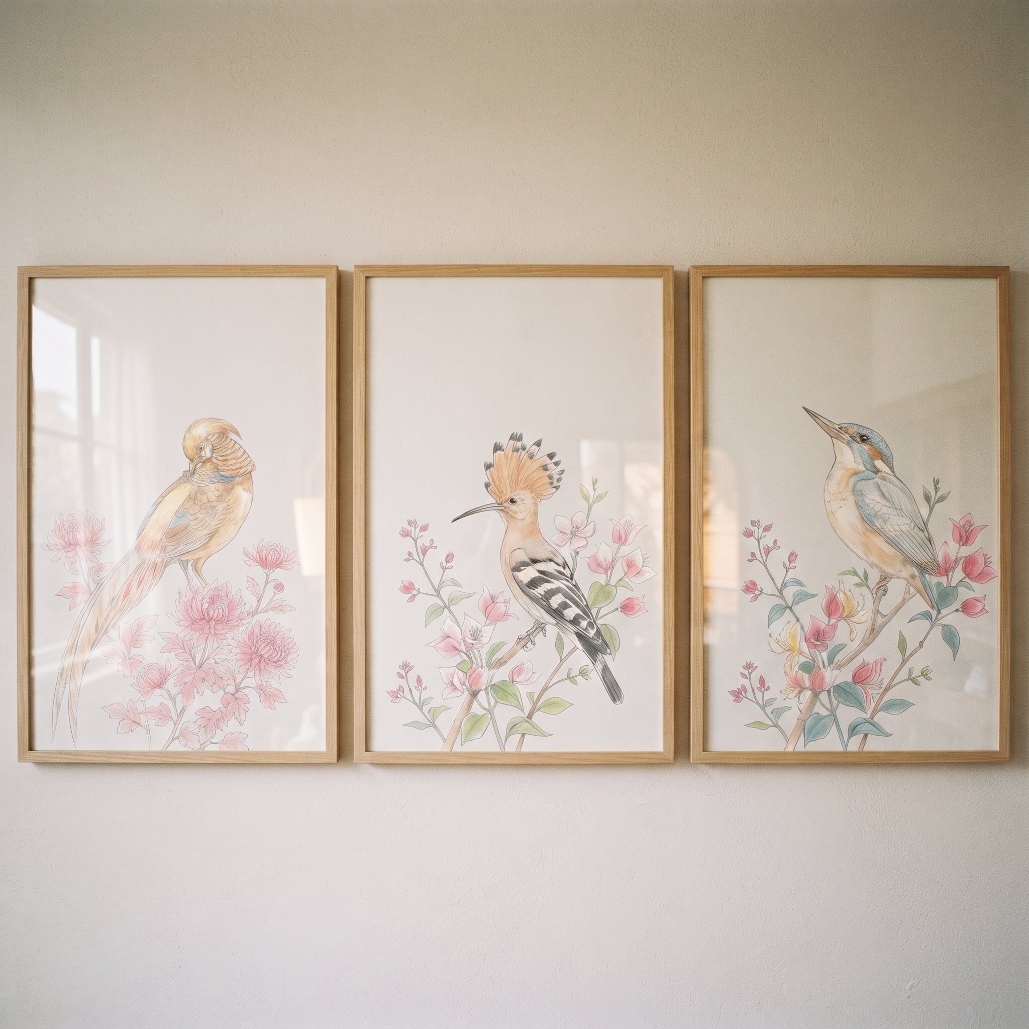 Pink Floral Watercolor Birds Wall Art Set of 3 - Delicate Winged Blossoms