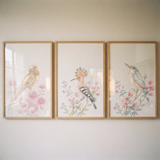 Pink floral watercolor birds wall art set of 3 in wood frames featuring birds perched on flowering branches.