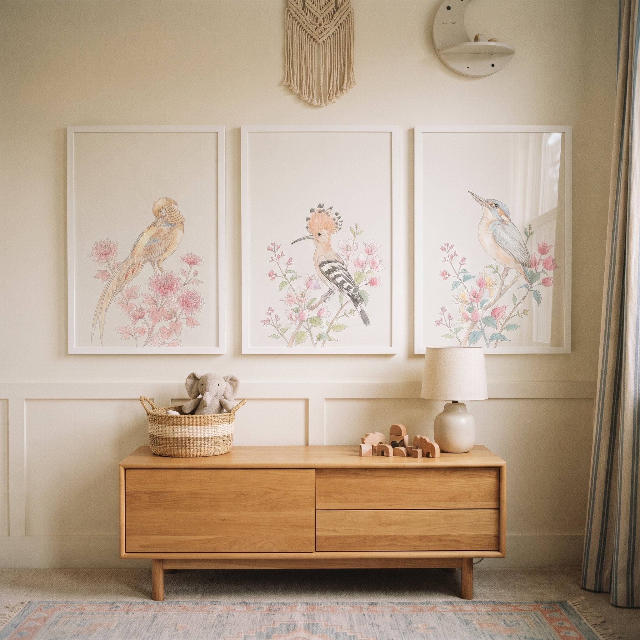 Pink Floral Watercolor Birds Wall Art Set of 3 - Delicate Winged Blossoms