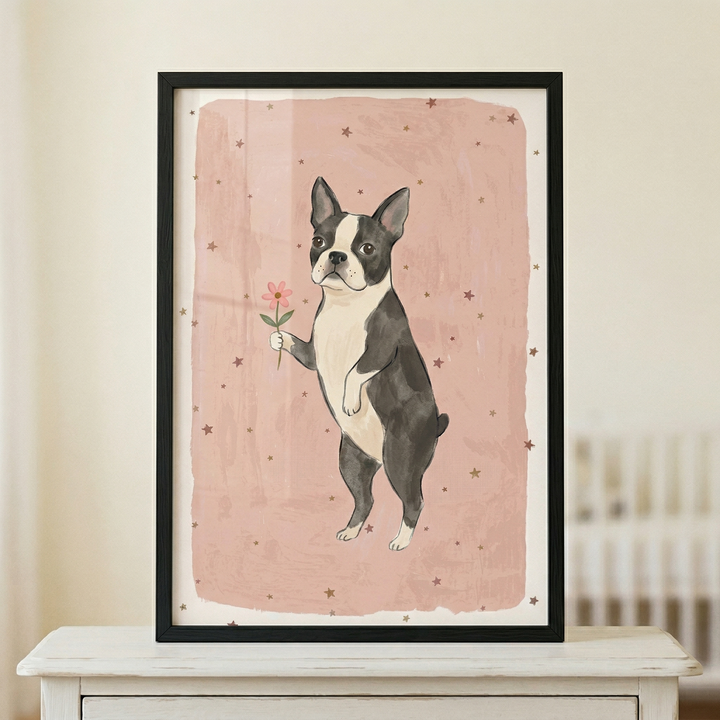 A framed whimsical illustration of a small black and white dog standing on its hind legs. The dog holds a delicate pink flower in its front paw. The background of the artwork is a textured, dusty rose color, peppered with small, simple star shapes. The piece is set in a thin black frame and sits atop a white wooden surface, with a soft-focus background showing part of a room.