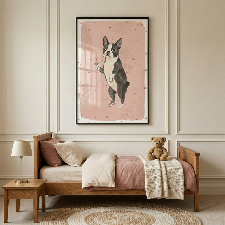 A cozy, neutrally-toned child's bedroom features a light-wood bed with pink and cream bedding. A small brown stuffed bear sits on the end of the bed, next to a matching nightstand with a simple lamp. On the paneled wall above, a large black-framed illustration shows a black and white Boston Terrier dog standing on its hind legs, holding a small pink flower. The artwork has a soft pink background dotted with tiny brown stars. A round woven rug sits on the floor.