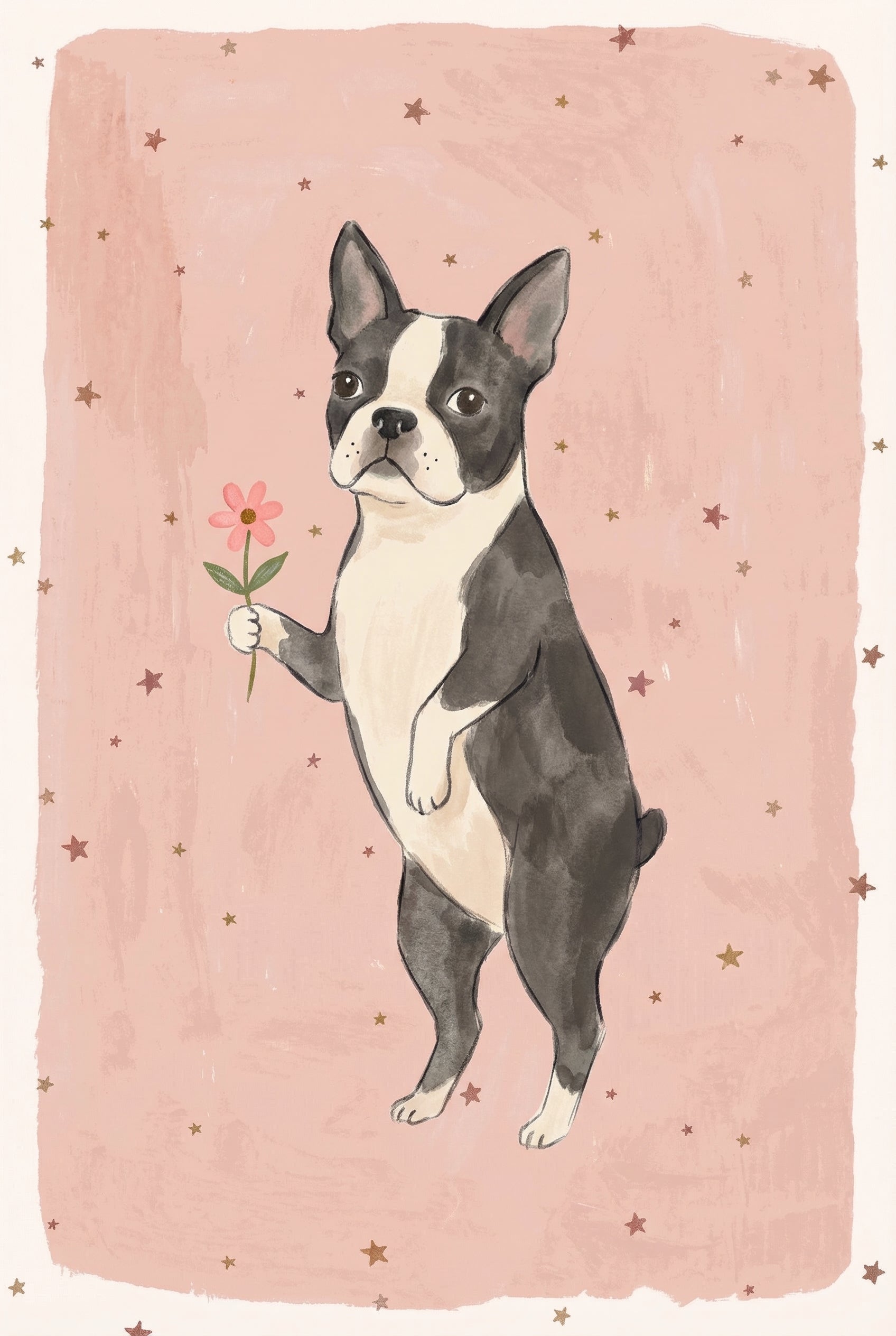 Pink Flower Boston Terrier Wall Art - Sweet Floral Puppy