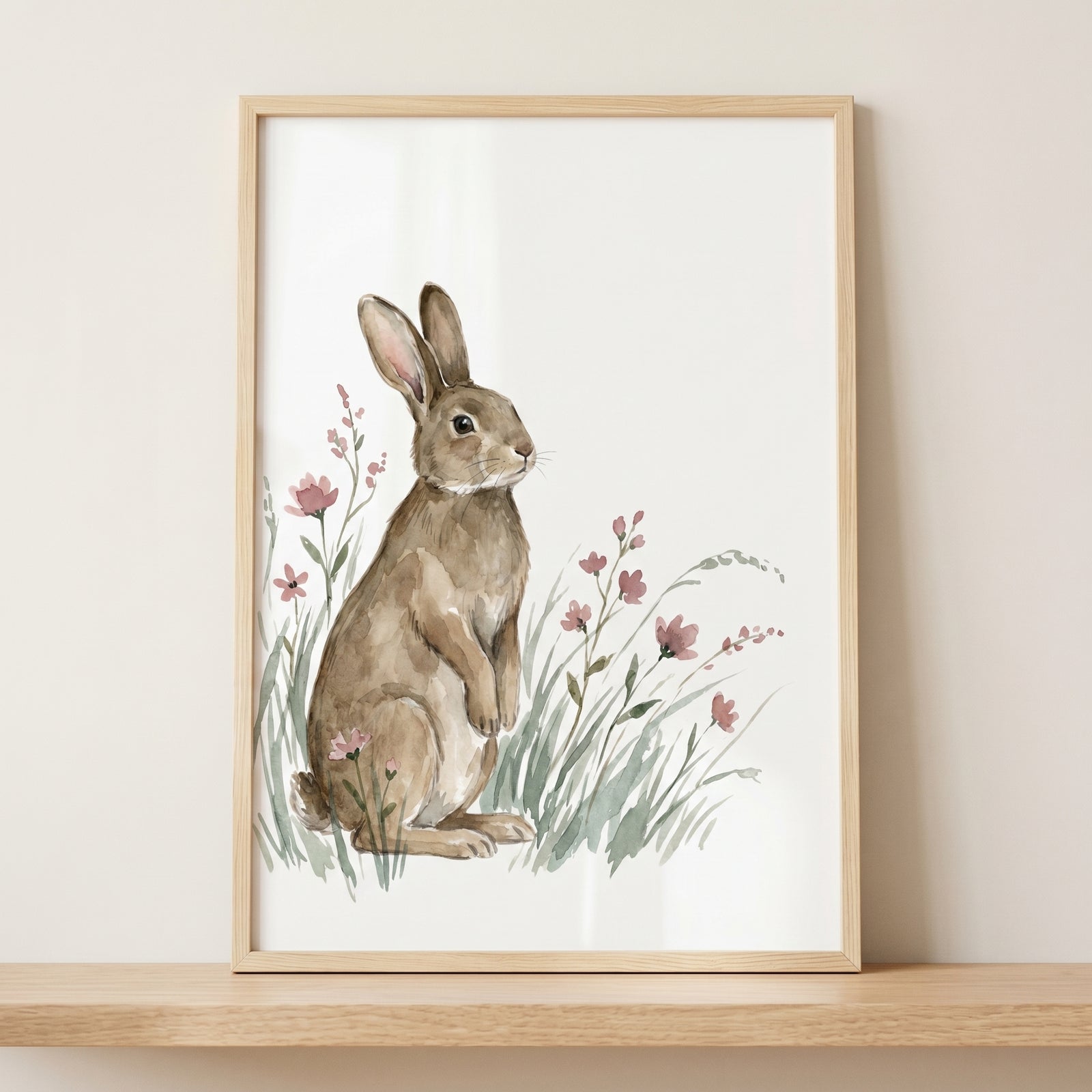 A brown watercolor rabbit stands upright in tall grass and blossoms in this pink flower bunny wall art.