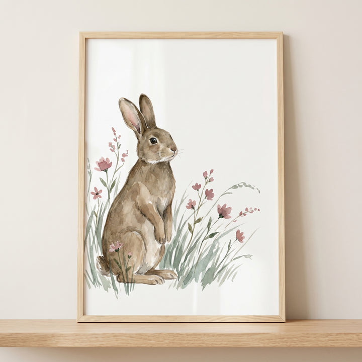 A brown watercolor rabbit stands upright in tall grass and blossoms in this pink flower bunny wall art.