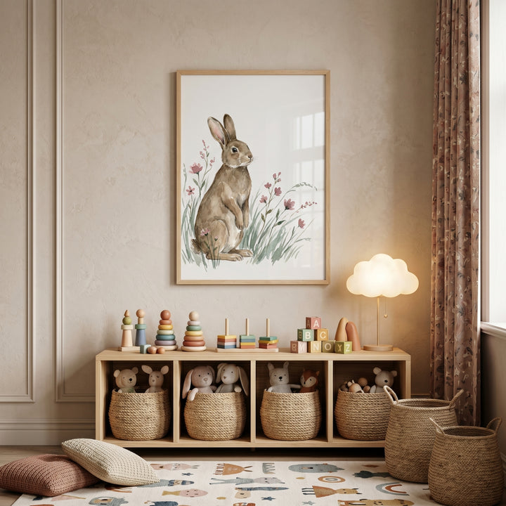 Pink flower bunny wall art above a wooden shelf with baskets and a cloud lamp on a patterned rug in a nursery.