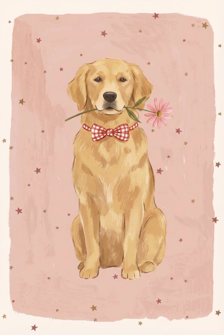 A golden retriever sitting calmly with a pink flower stem in its mouth and a red gingham bow at its neck against a warm pink background with scattered stars.
