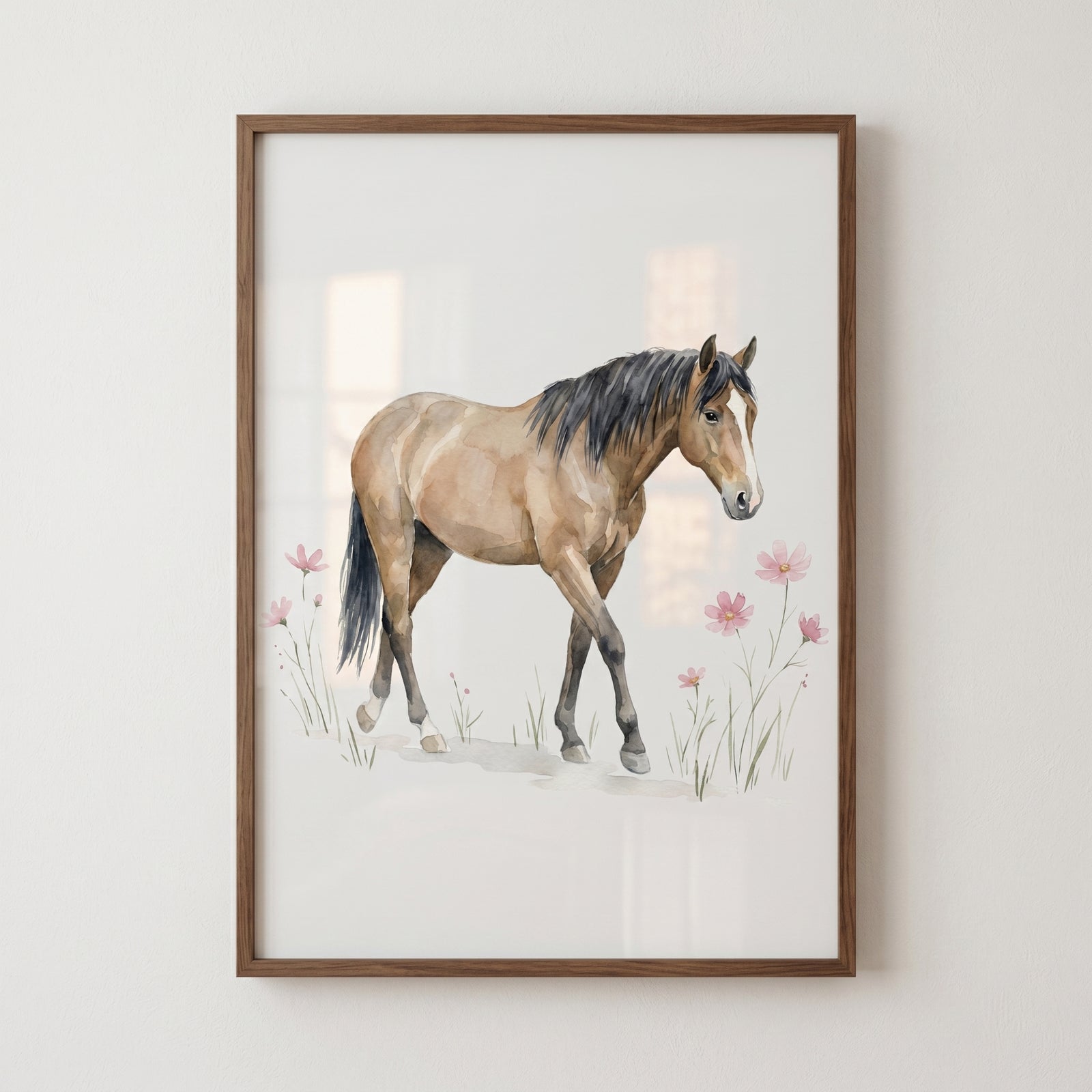 Framed pink flower horse wall art featuring a brown horse with a black mane walking through wildflowers.