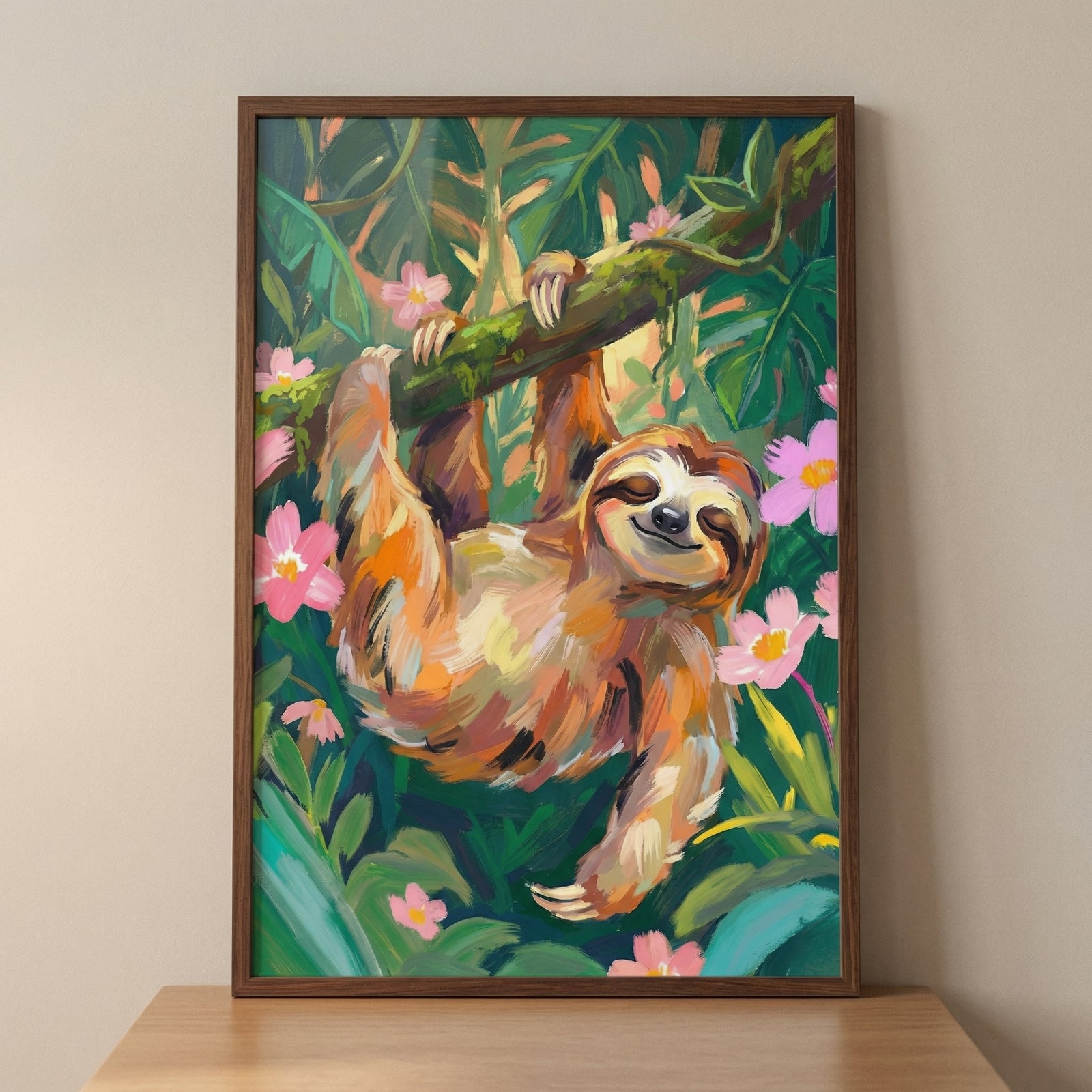 A framed piece of visual art features a smiling sloth hanging upside down from a mossy branch. The sloth is rendered with vibrant, textured strokes in shades of orange, yellow, and brown, its eyes closed in a peaceful expression. It is surrounded by a lush jungle filled with dark green foliage and bright pink flowers with yellow centers. The expressive style uses bold marks to create a lively and serene scene. The artwork is in a dark wooden frame, resting on a wooden surface against a plain wall.