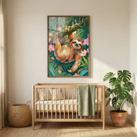Calm nursery with a wooden crib, soft green blanket, and woven basket beside a leafy houseplant. Above the crib hangs a framed painting of a smiling sloth hanging from a tree branch surrounded by lush green leaves and pink flowers, adding a soothing jungle inspired focal point to the space.