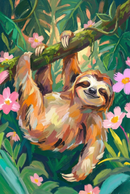 A vibrant digital illustration of a smiling sloth hanging from a mossy tree limb in a lush tropical forest. The piece features bold, textured strokes in shades of orange, brown, and cream to depict the animal's fur. Bright pink blossoms and various green leaves frame the subject. The sloth appears peaceful with its eyes closed and a gentle smile, set against a background of dappled light filtering through the dense foliage.