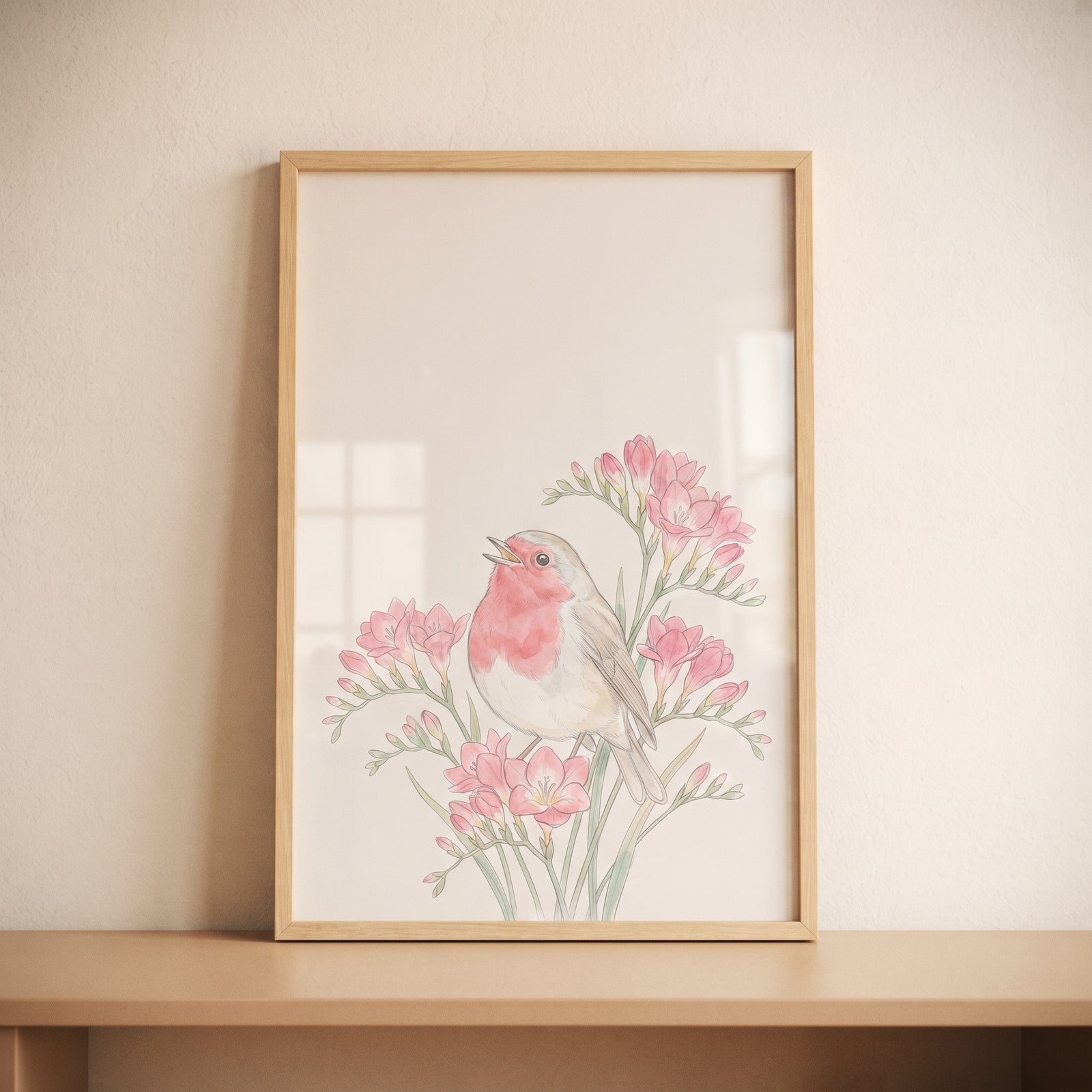 Pink flower singing robin bird wall art in a wood frame shows a bird among soft watercolor floral sprigs.