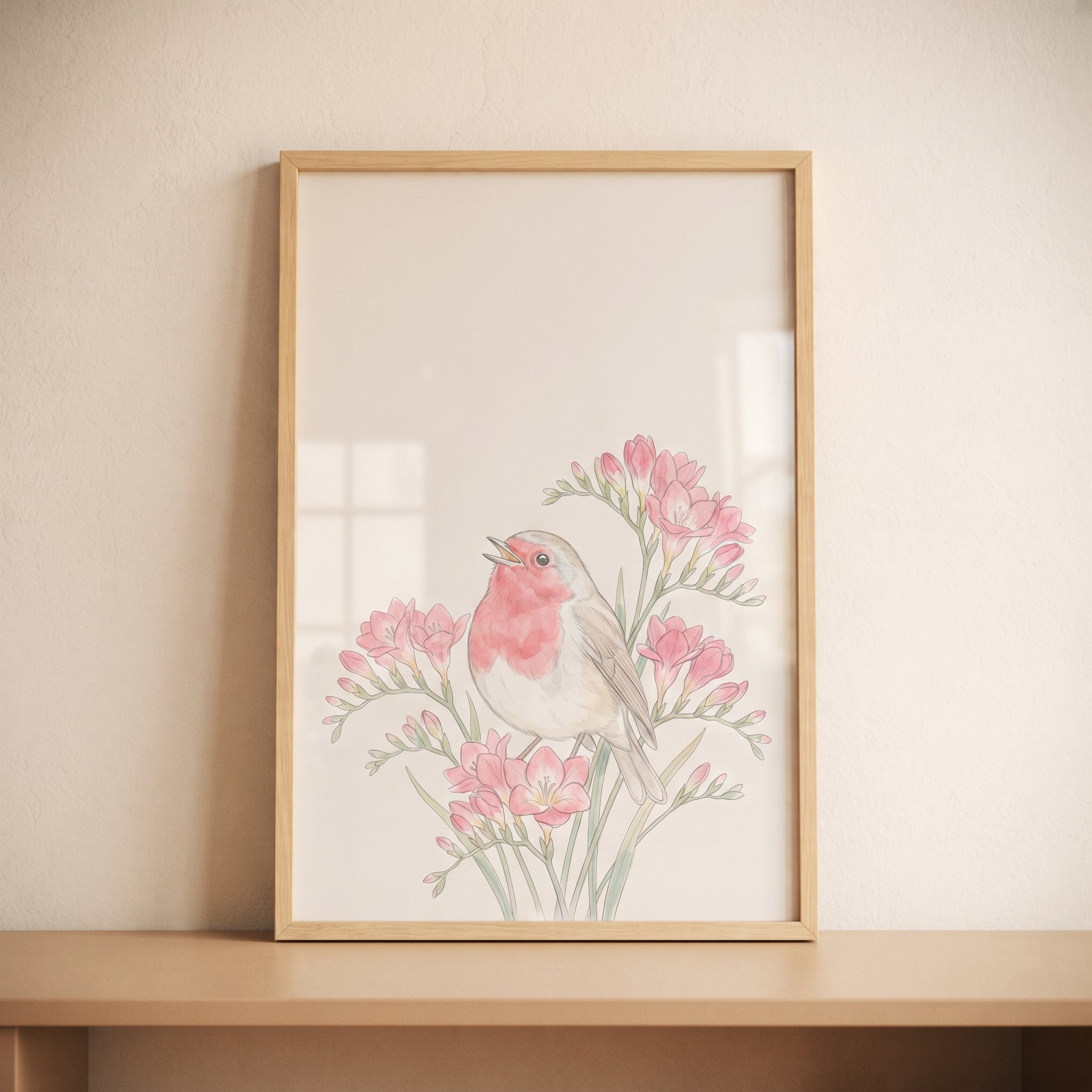 Pink Flower Singing Robin Bird Wall Art - Spring Songbird