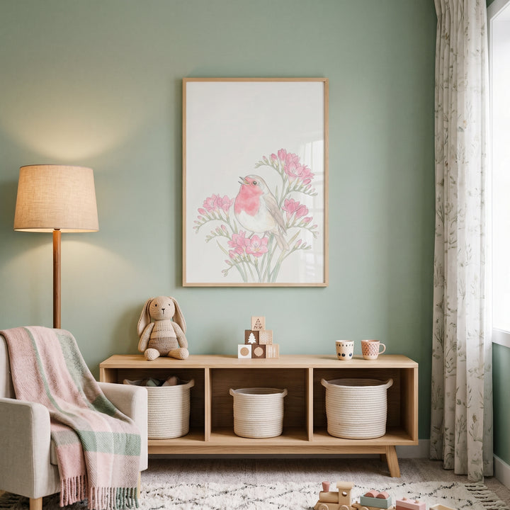 Pink flower singing robin bird wall art above a wooden shelf with baskets, a stuffed bunny, and an armchair.