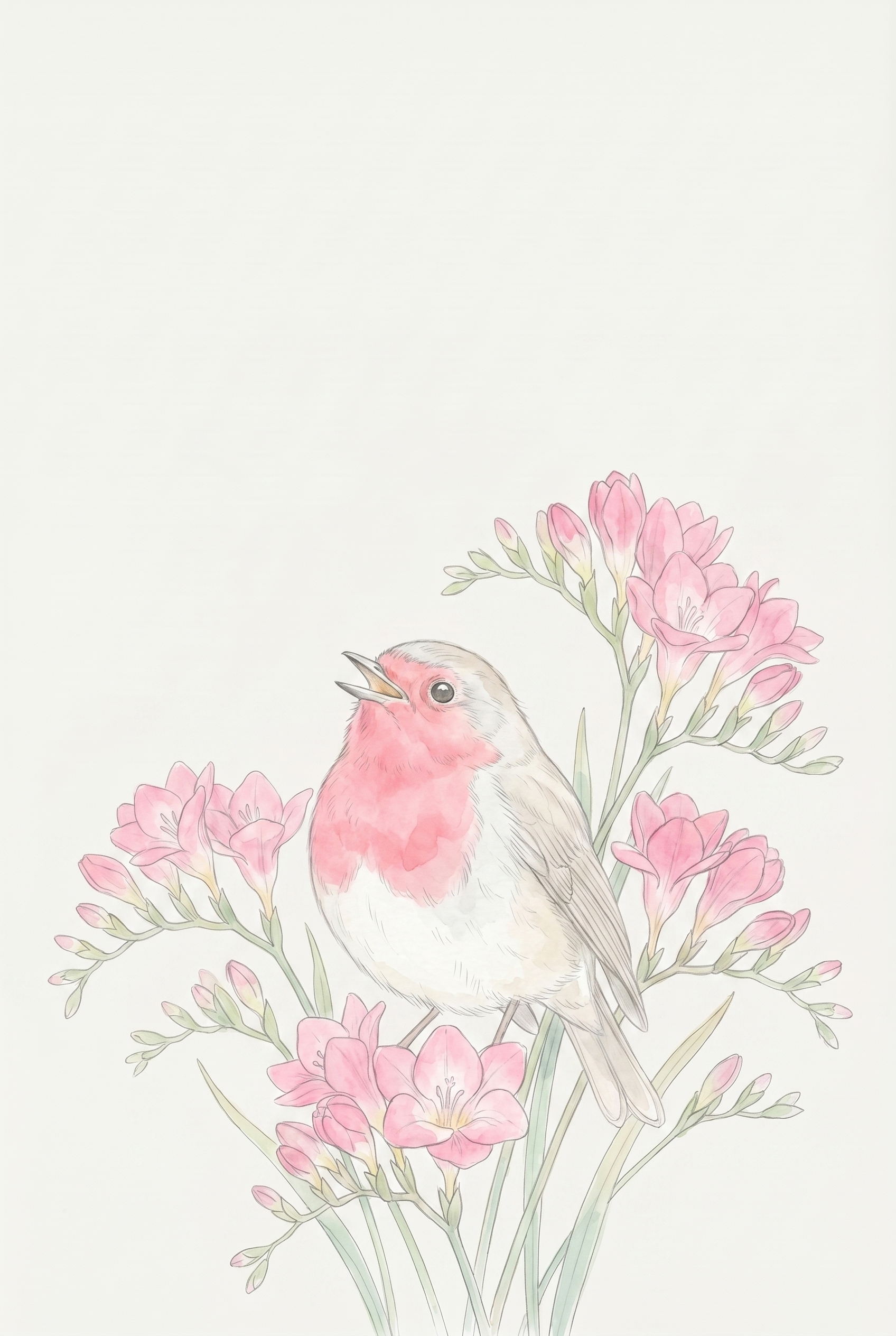 Pink Flower Singing Robin Bird Wall Art - Spring Songbird