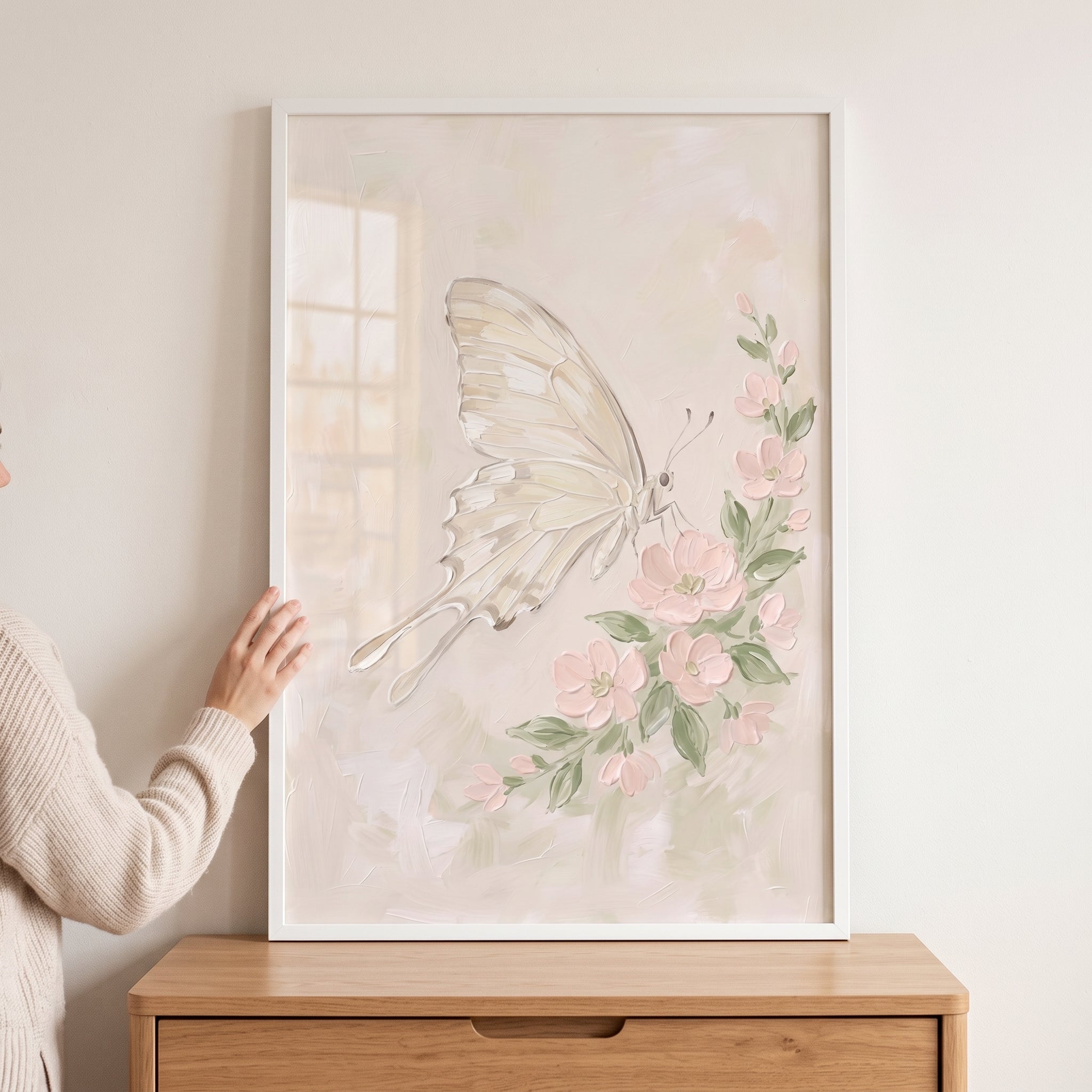 Pink Flower White Butterfly Wall Art - Gossamer Wing Bloom