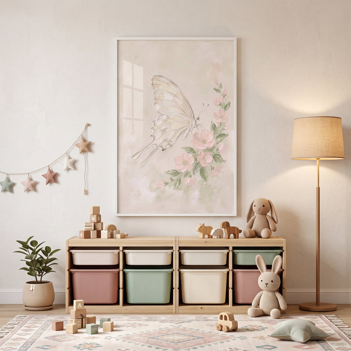Nursery with pink flower white butterfly wall art over a wooden toy organizer, stuffed bunnies, and a tall floor lamp.