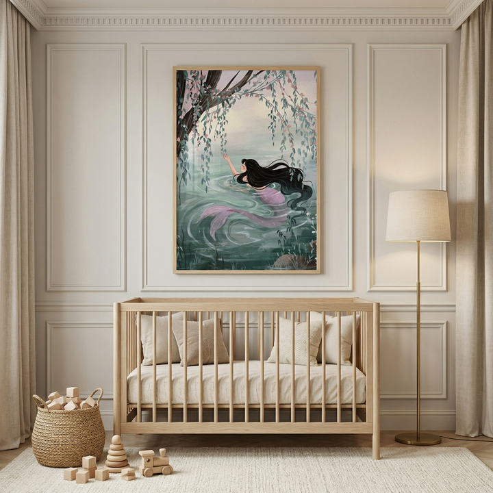 Light wood crib set against a paneled wall with a framed illustration of a mermaid swimming in green water beneath hanging tree branches. Neutral nursery decor includes soft pillows in the crib a woven basket with wooden toys on the floor and a tall floor lamp beside beige curtains creating a warm serene space.