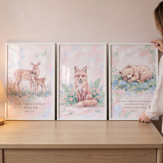 Pink garden forest animals wall art set of 3 features a deer, fox, and sleeping bear with scripture in white frames.
