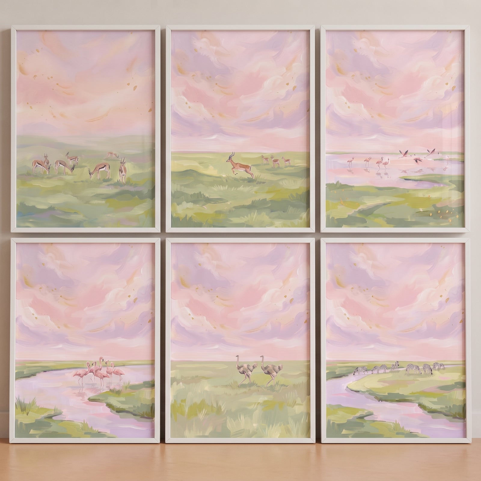 Pastel landscapes with safari animals in a pink gold flecked animals wall art set of 6.