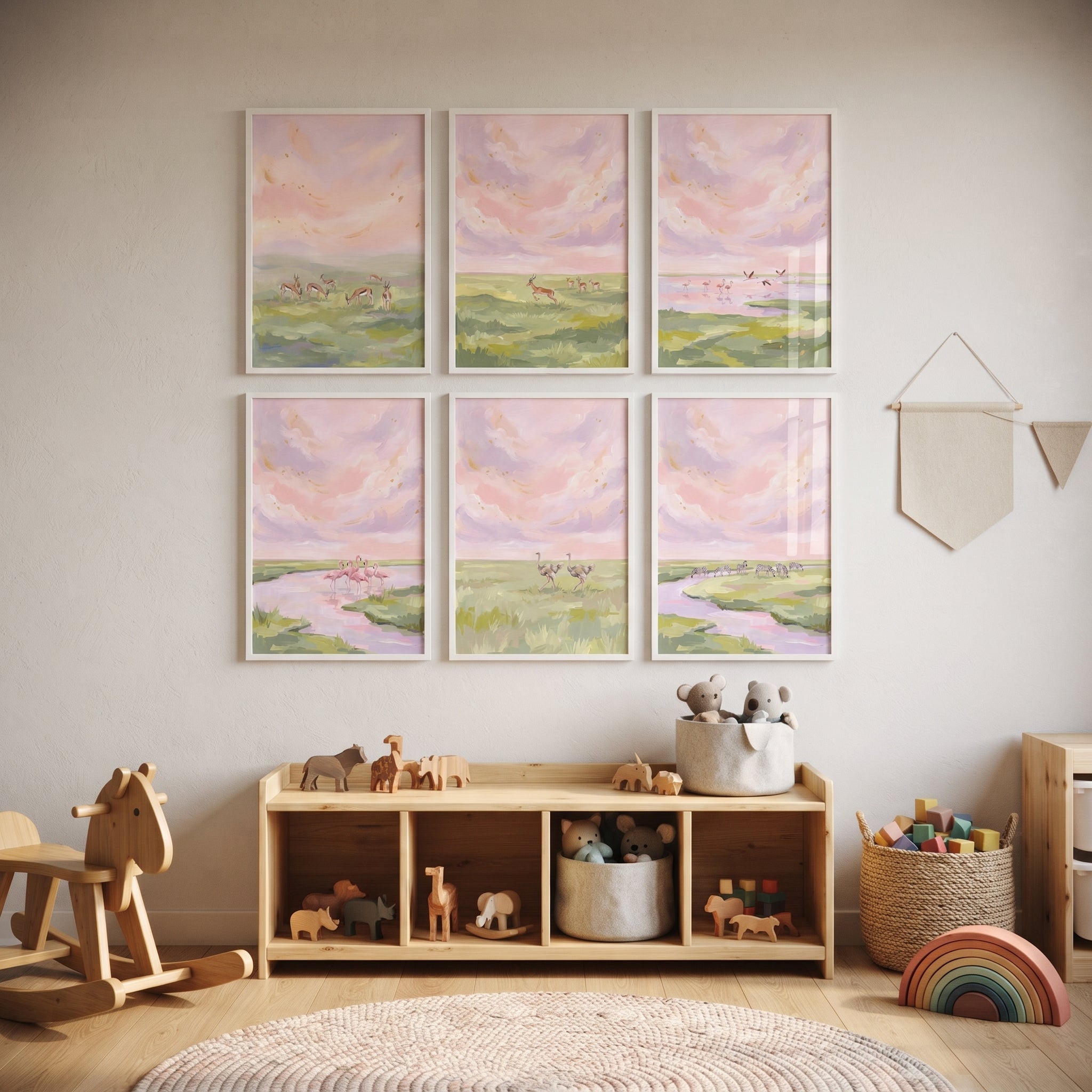 Pink Gold Flecked Animals Wall Art Set of 6 - Pink Savannah Skies