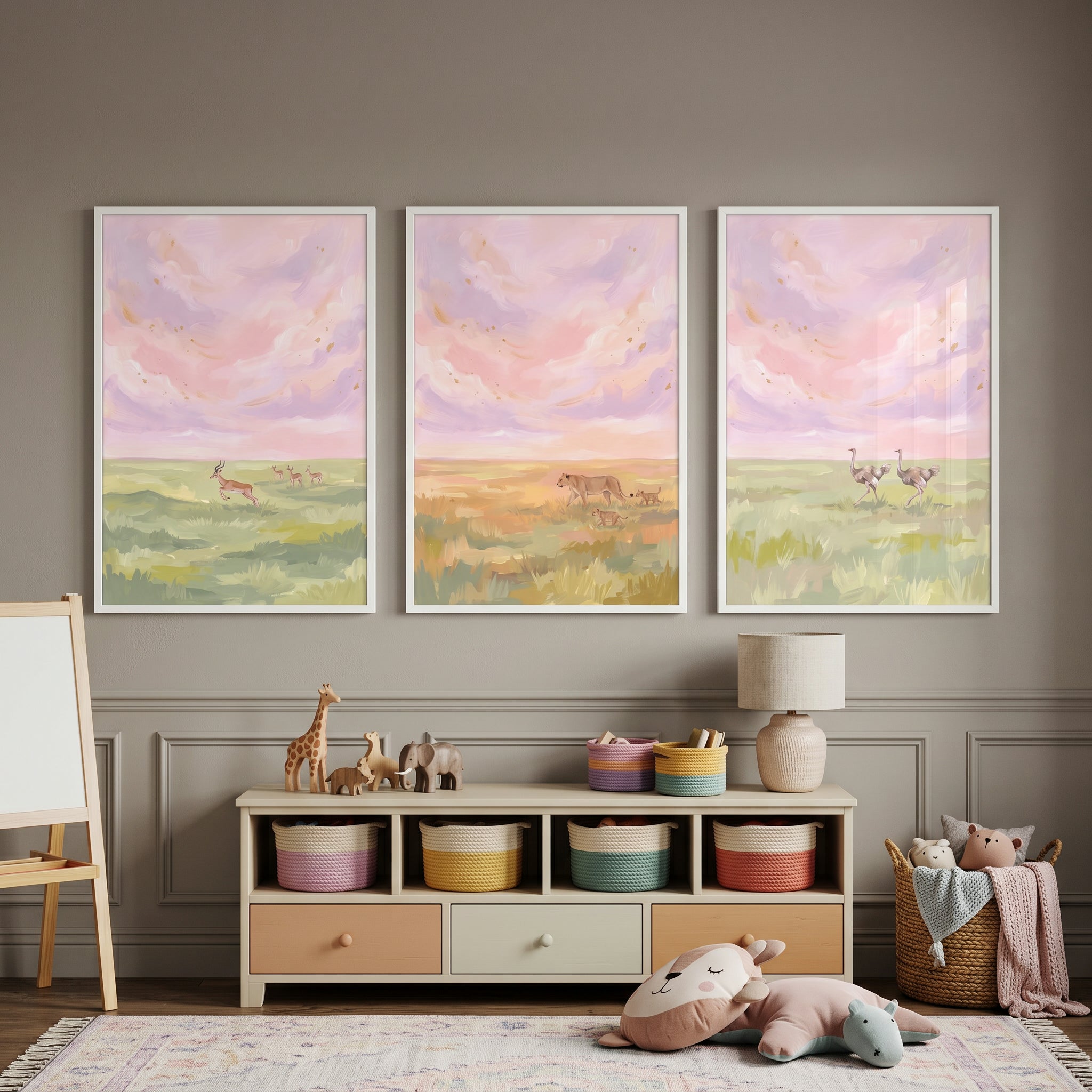 Pink Gold Flecked Safari Animals Print Set of 3 - Soft Savanna Hues