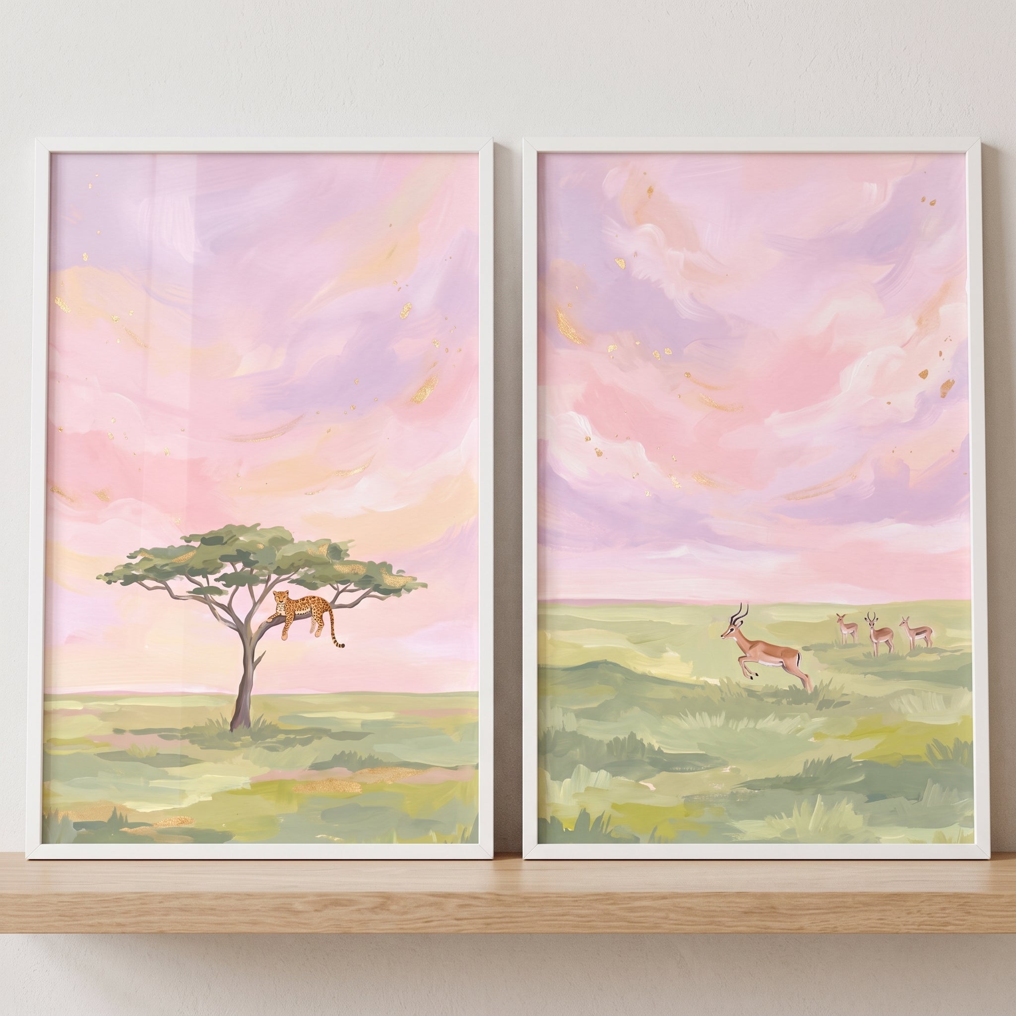 Pink Gold Leafed Animals Wall Art Set of 2 - Pink Safari Sunset