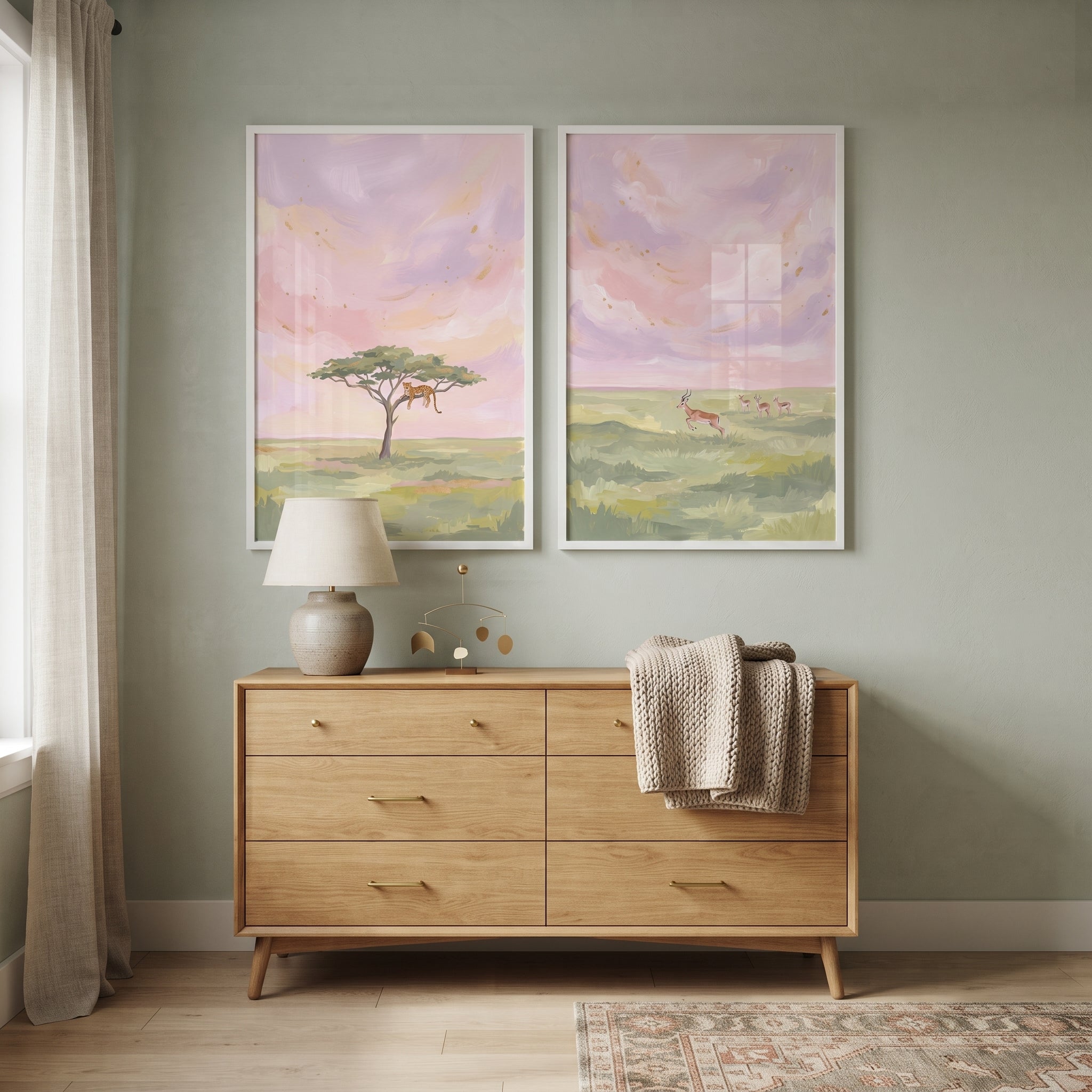 Pink Gold Leafed Animals Wall Art Set of 2 - Pink Safari Sunset