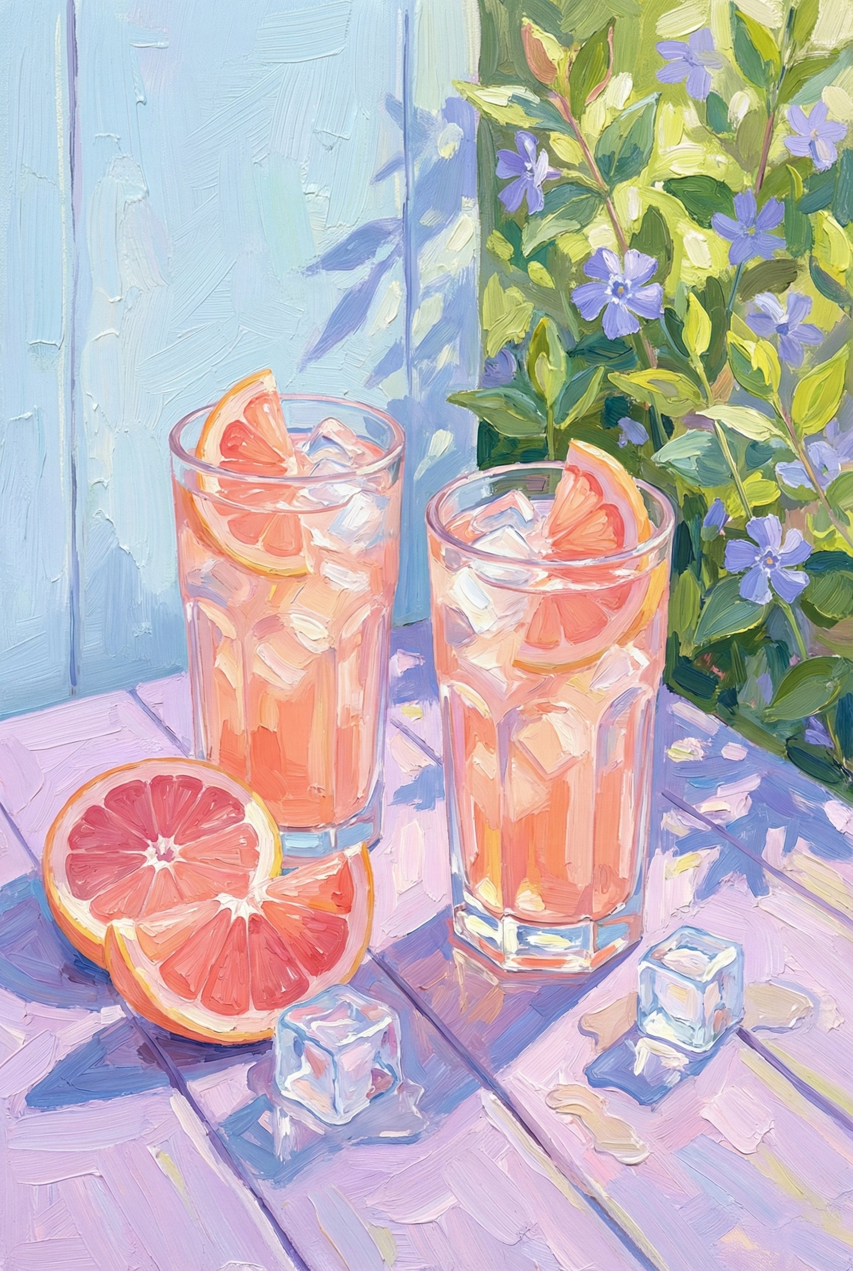 A vibrant, impressionistic illustration depicts two tall glasses of chilled pink grapefruit juice on a lavender wooden surface. Each glass is filled with square ice cubes and a citrus wedge. In the foreground, a halved grapefruit and a single slice rest near two melting ice cubes. The background features a light blue wooden wall and a leafy green plant dotted with small purple blossoms. Sunlit areas and soft blue shadows are rendered with thick, expressive brushstrokes.