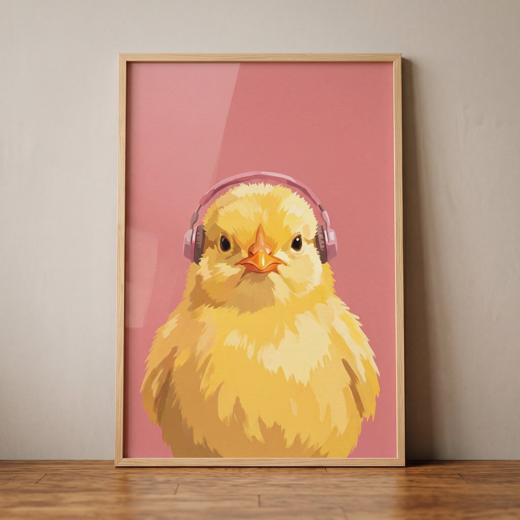 Pink Headphones Yellow Chick Wall Art - Funky Yellow Beats