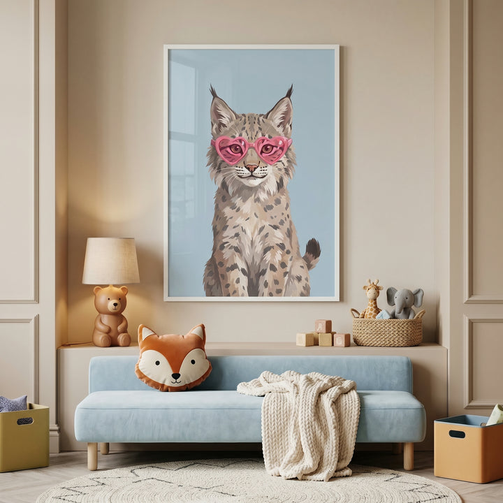 Pink heart glasses lynx artwork hangs above a blue bench with a fox pillow and bear lamp in a neutral child's room.