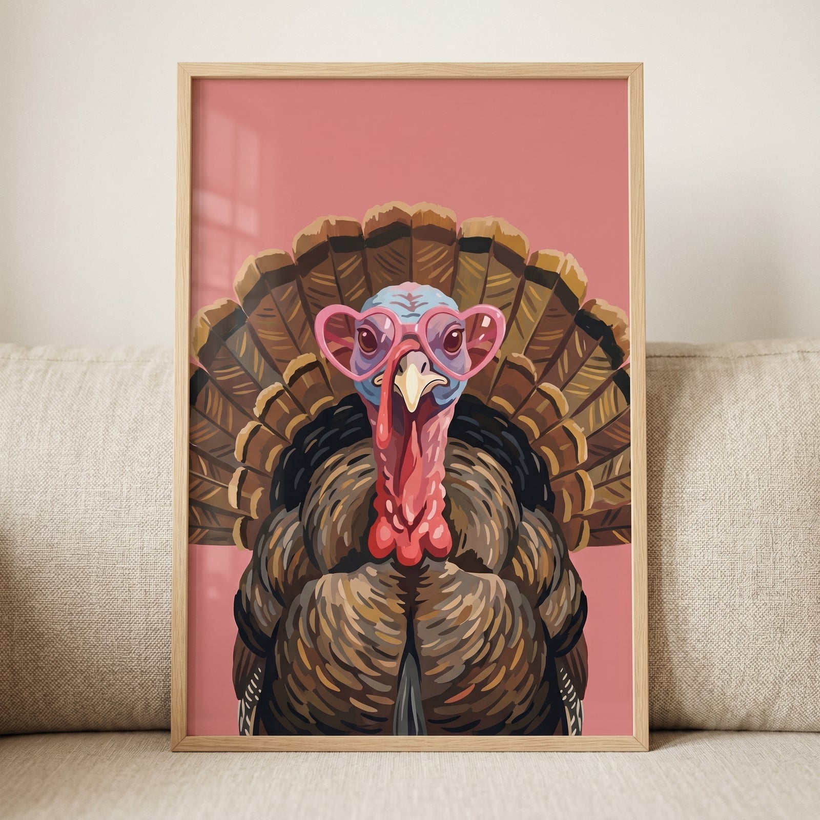 Pink heart glasses turkey wall art features a framed illustration of a turkey against a solid pink background.