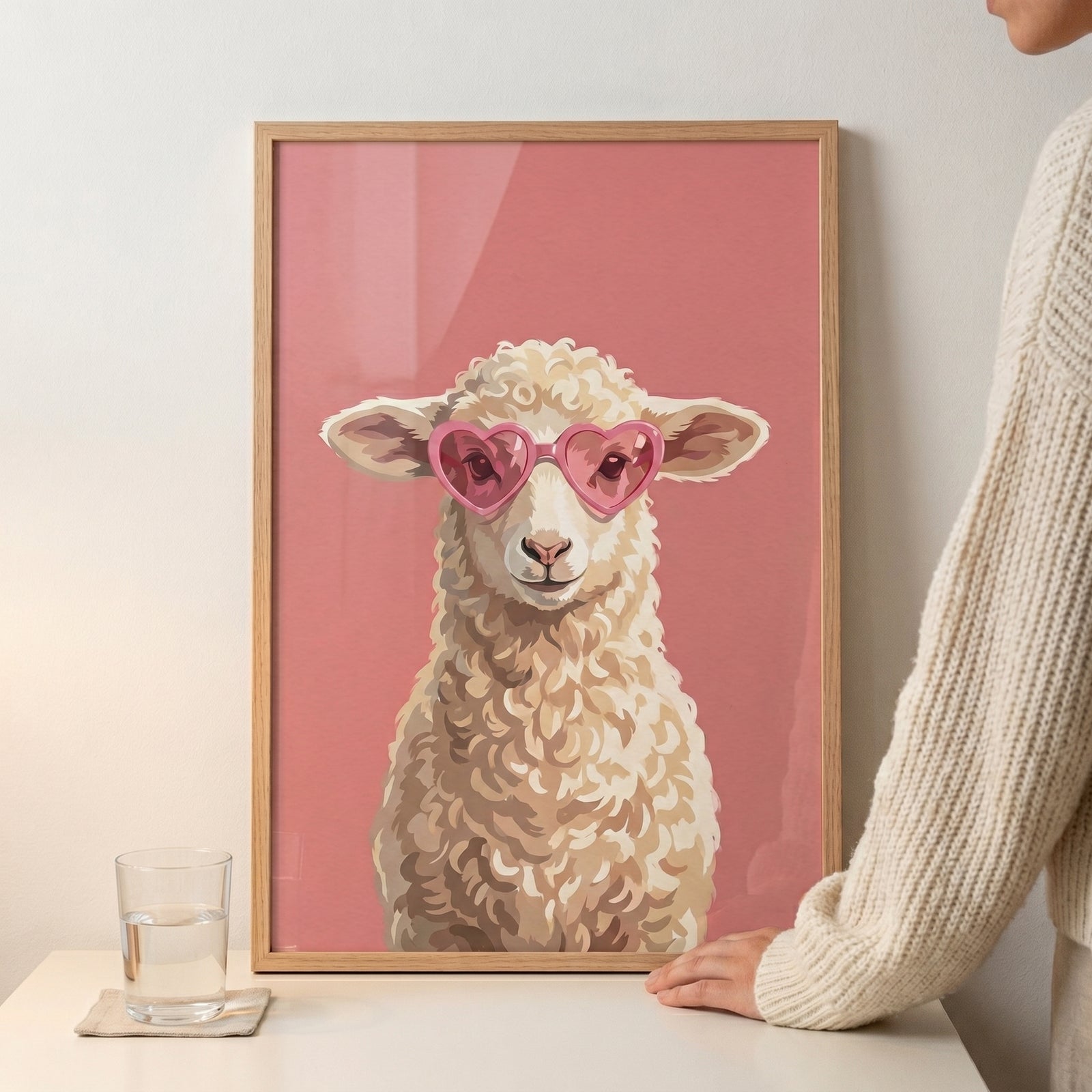 Pink heart sunglasses sheep wall art in a wooden frame, showing a fluffy sheep against a pink background.