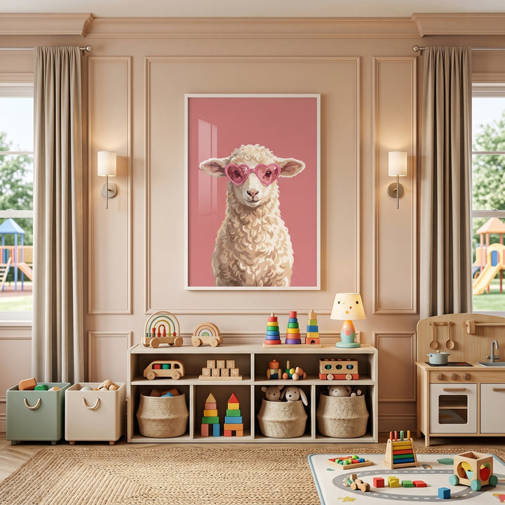 Pink heart sunglasses sheep wall art hangs in a neutral nursery above shelves with wooden toys and storage baskets.