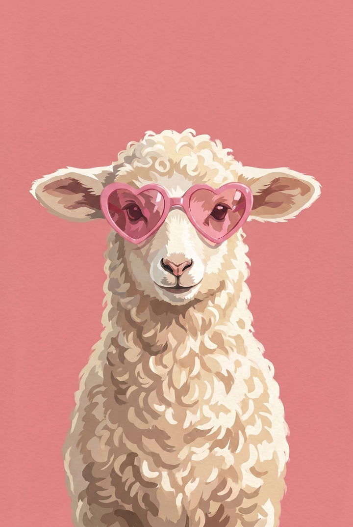 A white sheep wearing shades in this pink heart sunglasses sheep wall art against a pink background.